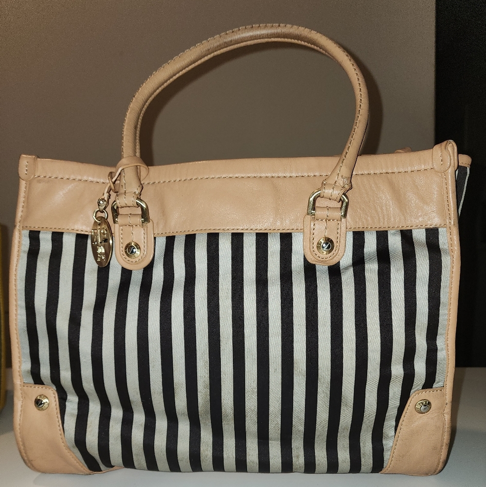 Henri Bendel Tote Bag Shoulder Bag Stripe Canvas Leather With duster